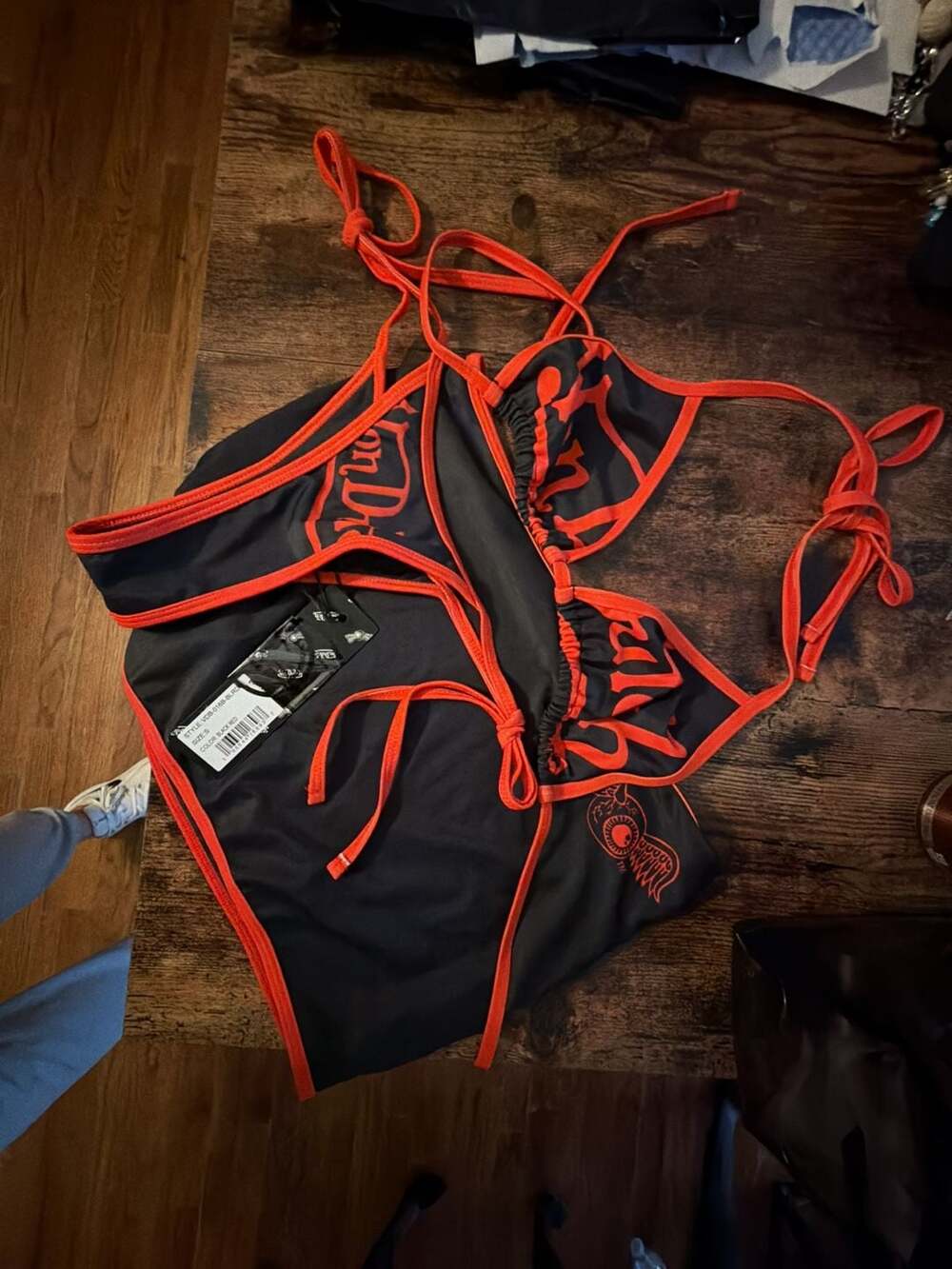Von Dutch 3-Piece Bikini Set with Swim Skirt, Black Red